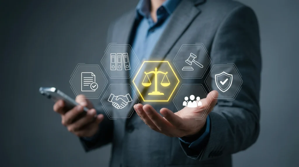 Homme en costume tenant un smartphone et présentant des icônes numériques de justice et de droit