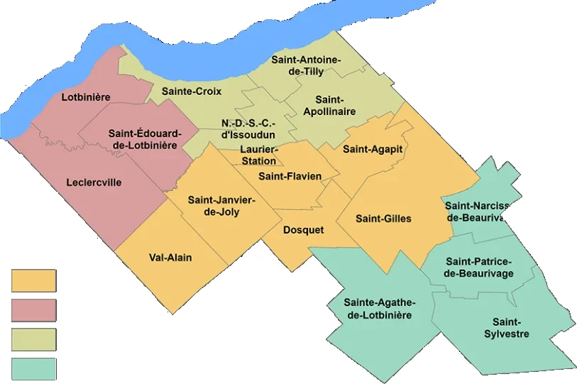 Carte des 18 municipalités de la MRC de Lotbinière par zones (Centre, Ouest, Nord, Sud)