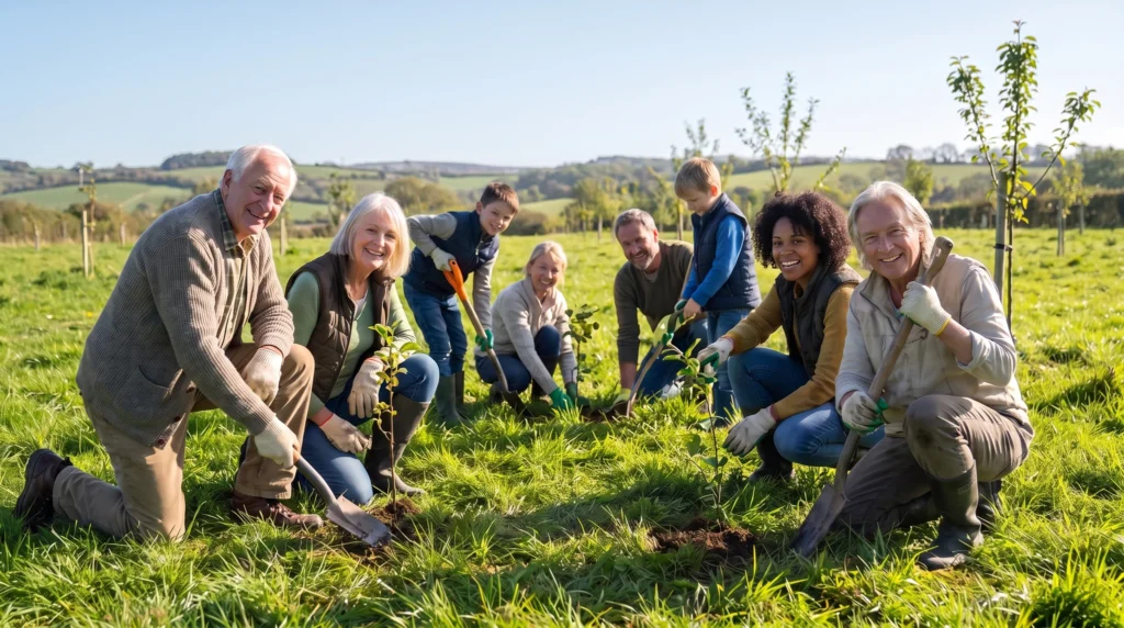 Famille plantant un arbre ensemble, visages nets — environnement et développement durable