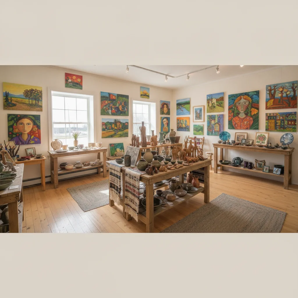 Petite galerie d'art de village avec toiles colorées et artisanat local, évoquant le répertoire culturel de la MRC de Lotbinière