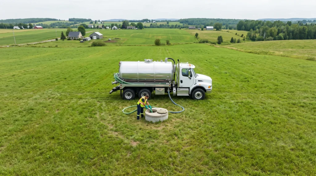 Camion de vidange centré pompant une fosse septique en milieu rural